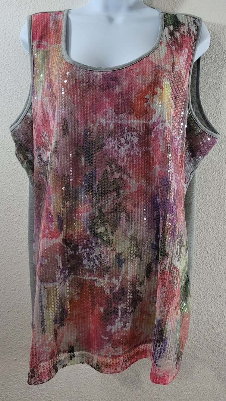 Avenue Gray Pink Purple Abstract Floral Sequin Tank Top 22 24 New Without Tags